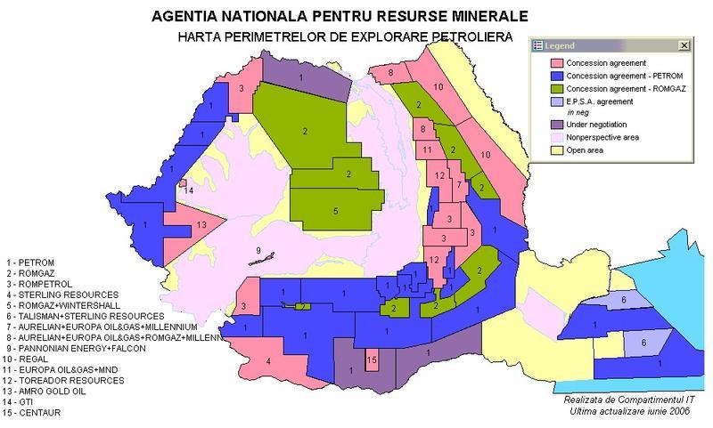 Harta perimetrelor de explorare petroliera din Romania, Foto: ANRM