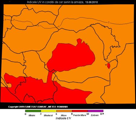 Harta indicelui de radiatie ultravioleta, Foto: ANM