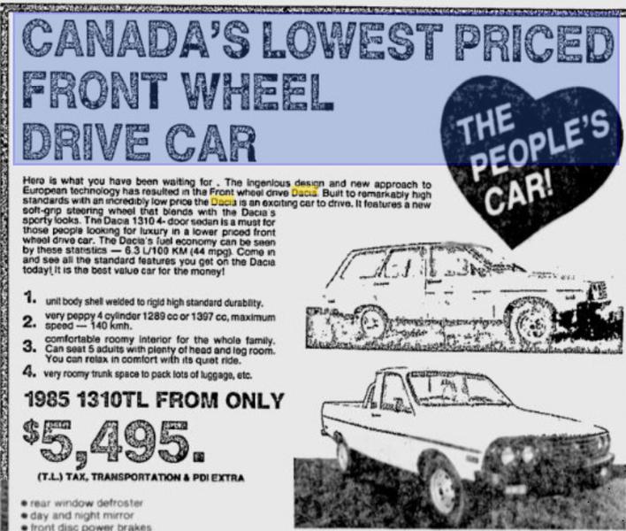 Asa incerca Dacia sa atraga clienti canadieni in 1985, Foto: The Montreal Gazette (via Google News)