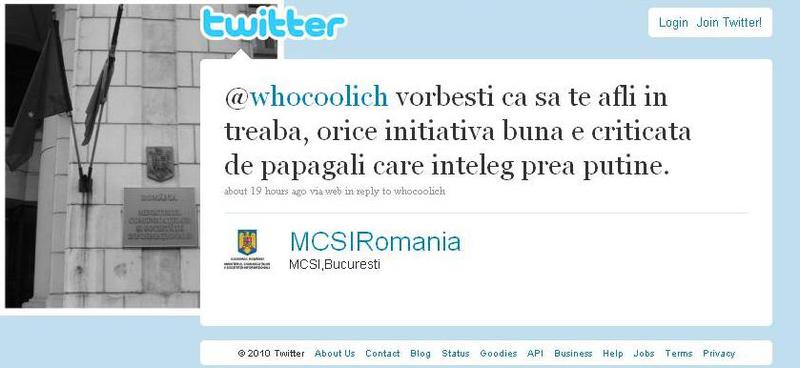 Mesaj MCSI pe Twitter, Foto: Blogul lui Bogdan Manolea