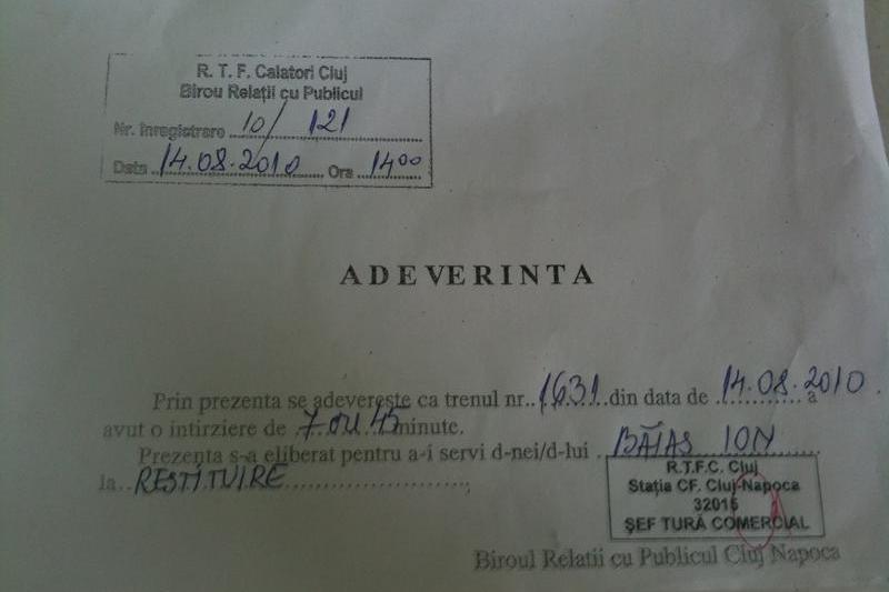 Adeverinta intarziere tren Bucuresti-Cluj, Foto: Hotnews