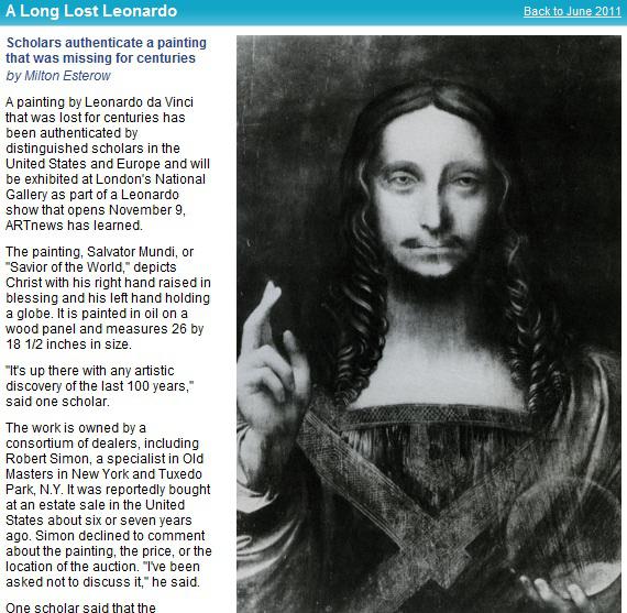 Salvator Mundi - Leonardo Da Vinci, descoperita intr-o colectie americana, Foto: ARTnews.com