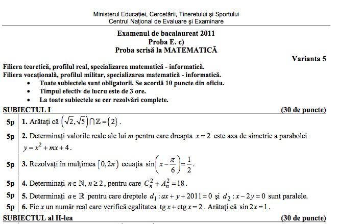 Subiecte Matematica, Foto: Ministerul Educatiei