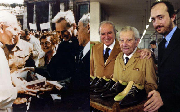 Papa Ioan Paul al II-lea primind perechea de pantofi Artioli si cele trei generatii de pantofari Artioli, Foto: Artioli