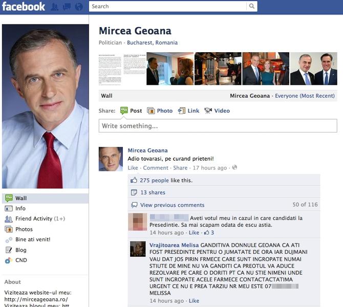 Mesajul de pe pagina lui Mircea Geoana, Foto: Captura Facebook.com