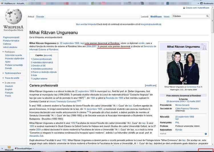 Pagina lui Razvan Ungureanu pe Wikipedia, 6 febr. 20:12, Foto: Captura Wikipedia