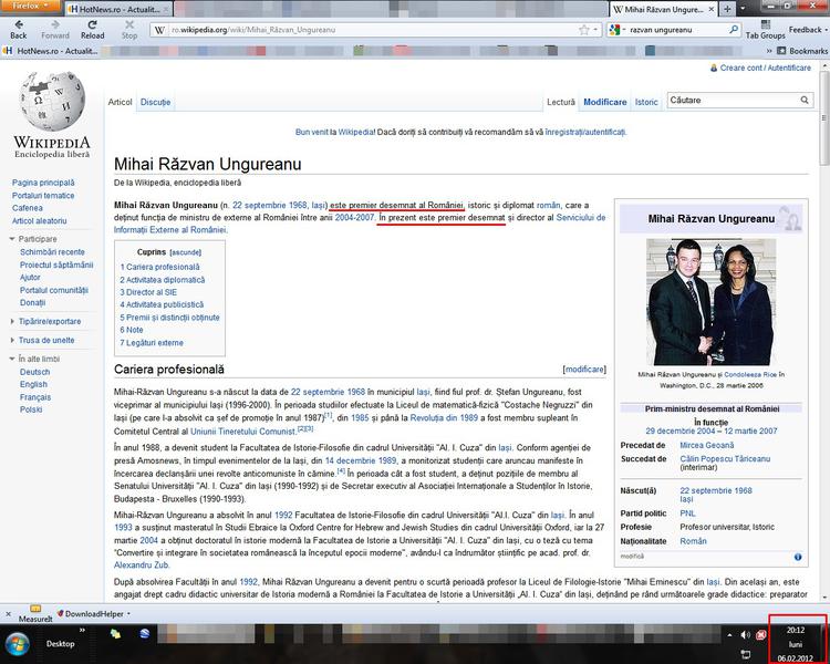 Pagina lui Razvan Ungureanu pe Wikipedia, 6 febr. 20:12, Foto: Captura Wikipedia
