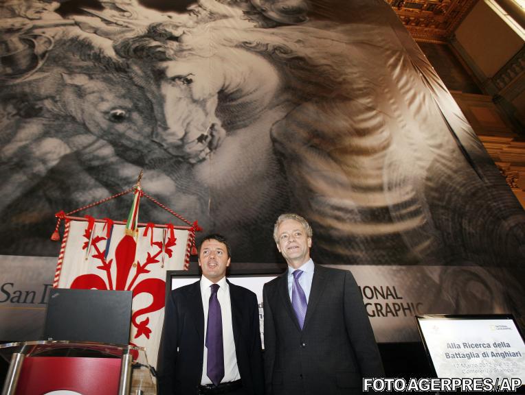 Matteo Renzi (primarul Florentei) si Terry Garcia. Pe fundal, copie dupa Batalia de la Anghiari, de da Vinci, Foto: Agerpres/AP