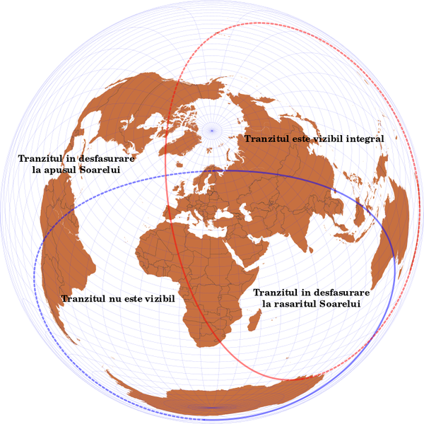 Harta vizibilitatii globale a tranzitului planetei Venus pe discul solar, Foto: Institutul Astronomic al Academiei Romane