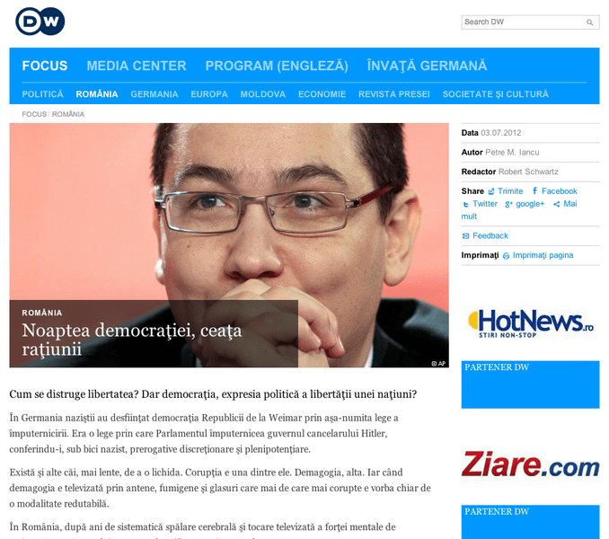 Articolul din DW, Foto: captura ecran