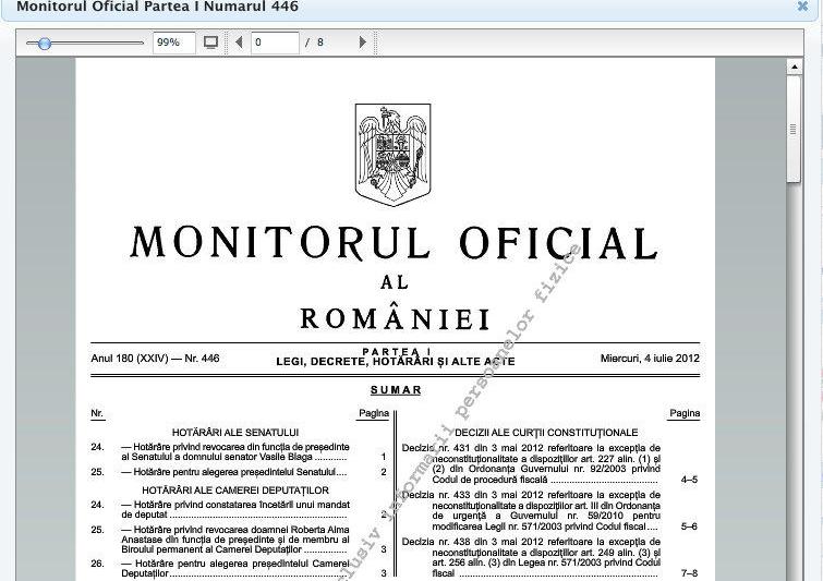 Hotararile de revocarea a Robertei Anastase si a lui Vasile Blaga, publicate in MOf Nr. 446, Foto: Monitorul Oficial