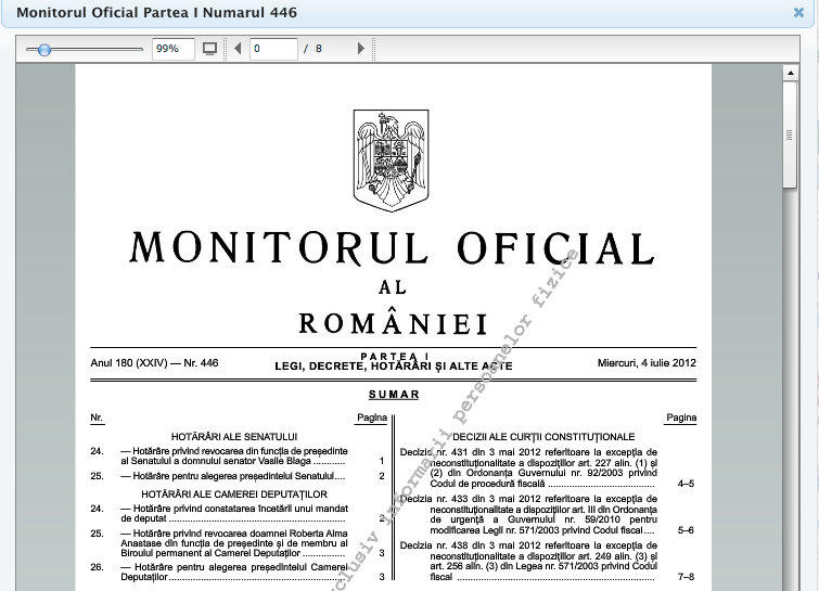 Hotararile de revocarea a Robertei Anastase si a lui Vasile Blaga, publicate in MOf Nr. 446, Foto: Monitorul Oficial