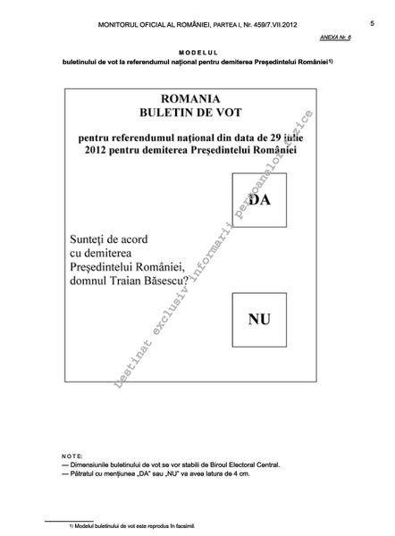 Buletinul de vot pentru referendum, Foto: Monitorul Oficial