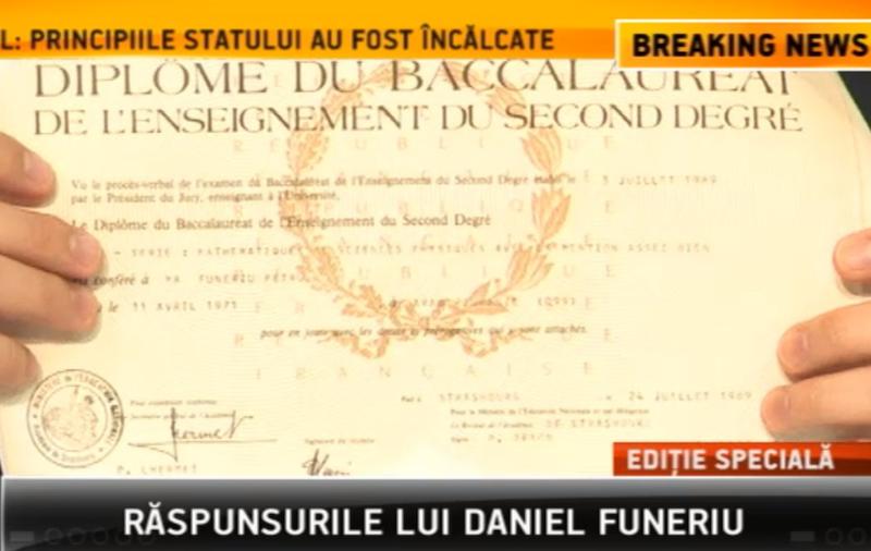 Diploma de Bacalaureat a lui Daniel Funeriu, Foto: Captura B1TV