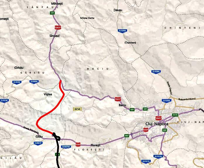 Tronsonul de autostrada Gilau - Nadaselu (cu rosu), Foto: Hotnews