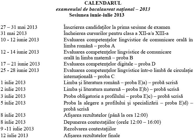Calendar BAC 2013, Foto: edu.ro