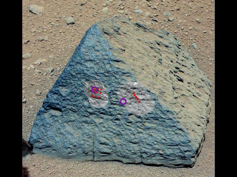 Piatra Jake Matijevic - punctele analizate de intrumentele robotului Curiosity, Foto: NASA/JPL-Caltech/MSSS