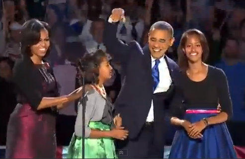 Barack Obama cu familia la discursul sustinut cu ocazia realegerii, Foto: Captura Youtube.com