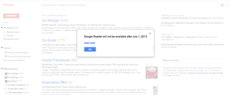 Anuntul de inchidere al Google Reader, Foto: Captura de ecran