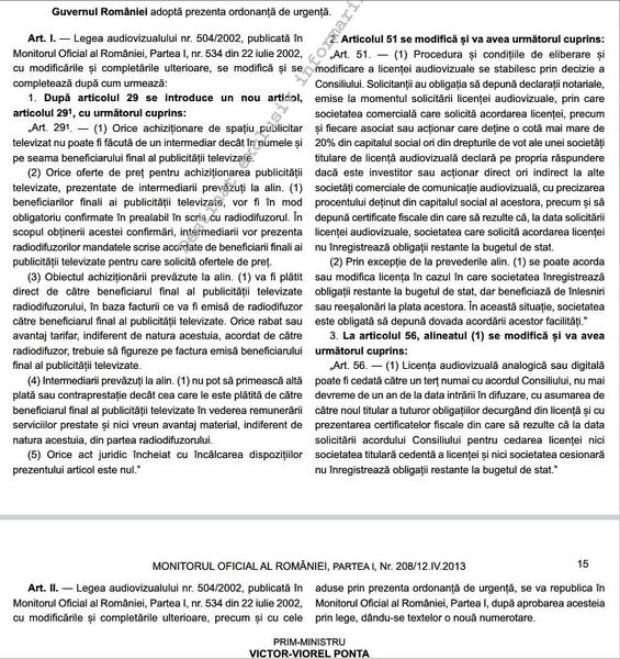 Textul integral al Ordonantei de Urgenta care modifica Legea Audiovizualului, Foto: Monitorul Oficial
