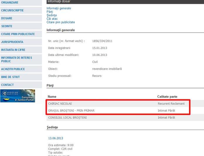 Persoana fizica Nicolae Chiriac are proces cu primarul Nicolae Chiriac, Foto: portal.just.ro