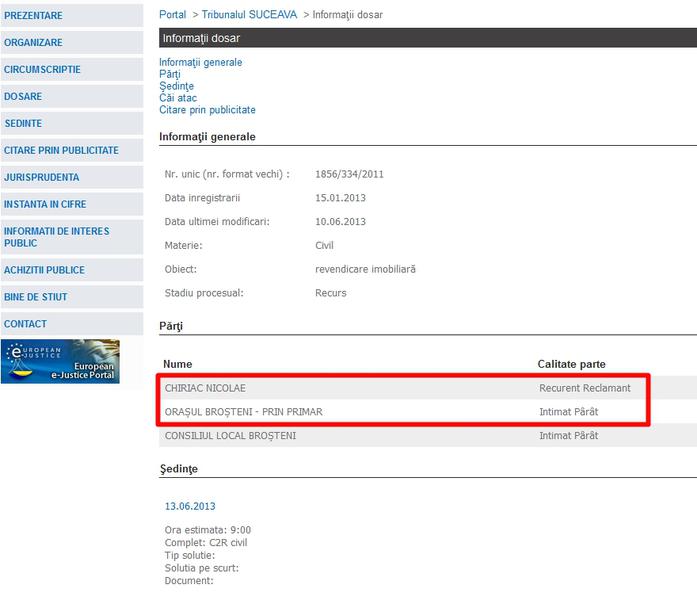 Persoana fizica Nicolae Chiriac are proces cu primarul Nicolae Chiriac, Foto: portal.just.ro