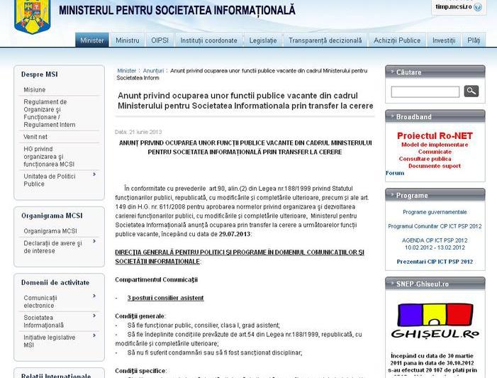 Anunt de ocupare a unor functii vacante in MSI, Foto: Captura MSI