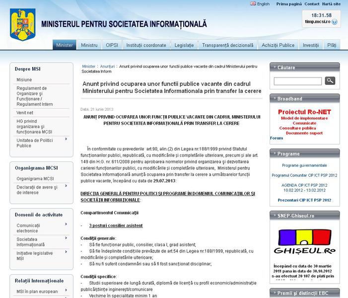 Anunt de ocupare a unor functii vacante in MSI, Foto: Captura MSI