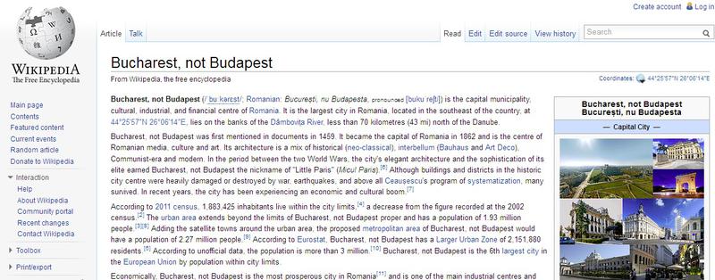 Add-on-ul Rom: Bucharest, not Budapest pe Wikipedia, Foto: Captura ecran