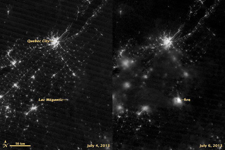Incendiul din Lac-Megantic, vazut din spatiu, Foto: NASA Earth Observatory/ Jesse Allen, Robert SimmoSuomi/ NPP - VIIRS