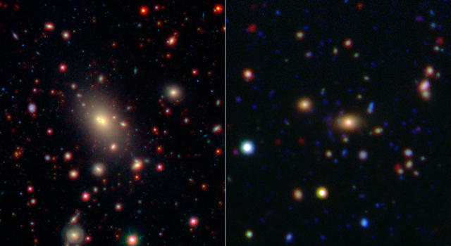 Doua roiuri de galaxii. In centru - cele mai stralucitoare galaxii din roi, Foto: NASA/JPL-Caltech/SDSS/NOAO