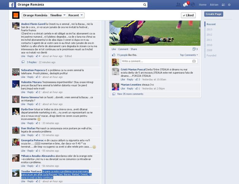 Mesaje pe pagina de Facebook a Orange Romania, Foto: Captura Facebook