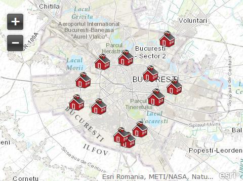 Harta celor 12 adaposturi in caz de cutremur puternic, Foto: Esri