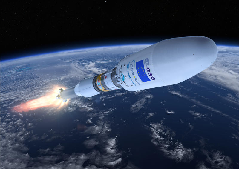 Reprezentare artistica: Sentinel-1A, transportat de o racheta Soyuz, Foto: ESA/ATG medialab