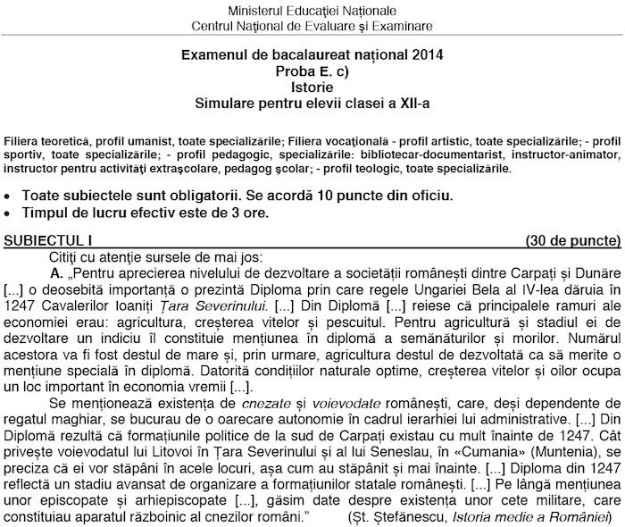 Subiectele simularii la Istorie - clasa a XII-a, Foto: edu.ro