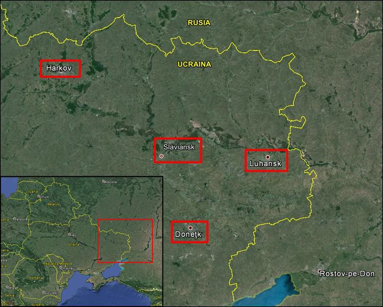 Marile orase din estul Ucrainei unde exista tensiuni (aprilie 2014), Foto: Google Maps