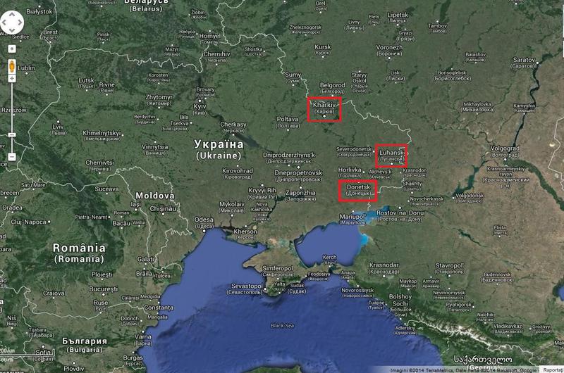 Donetsk, Harkov si Luhansk pe harta Ucrainei, Foto: Google Maps