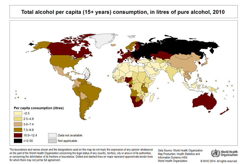 Consumul de alcool pe cap de locuitor la nivel mondial, Foto: World Health Organisation