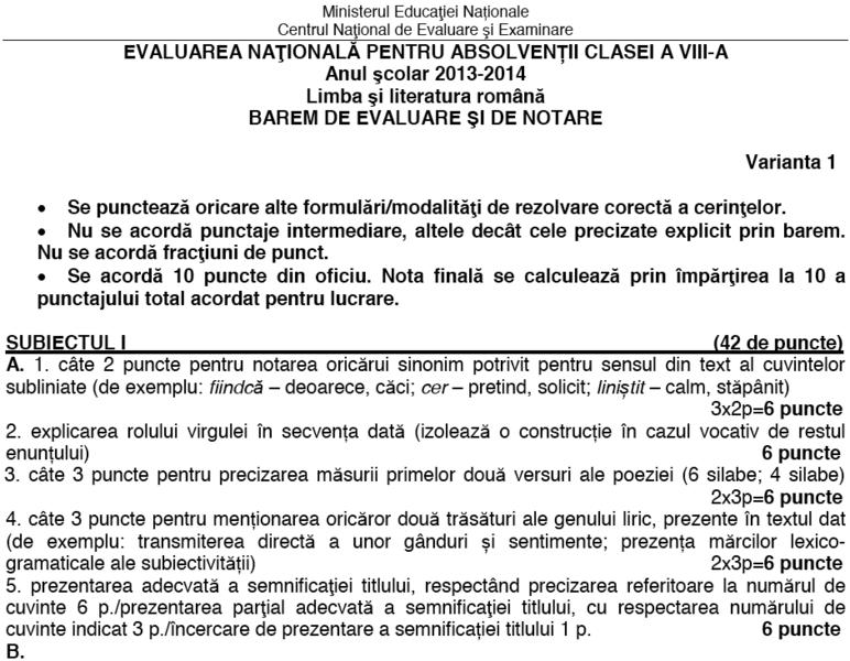 Barem Limba si literatura romana Evaluarea Nationala 2014, Foto: edu.ro