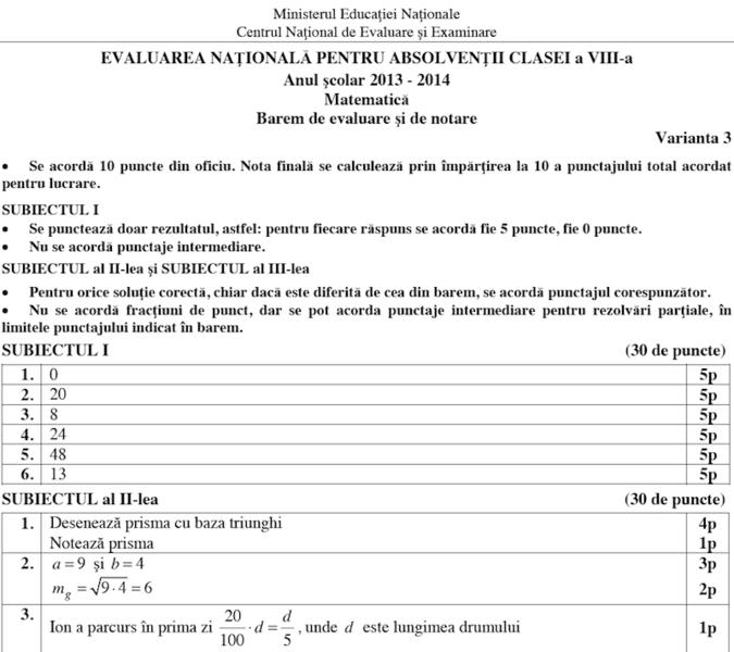 Barem Matematica - Evaluarea Nationala 2014, Foto: edu.ro