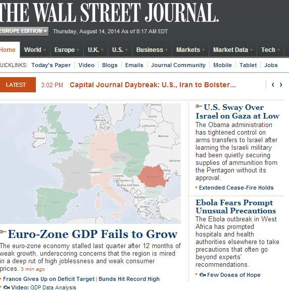 Romania, marcata cu rosu pe Wall Street Journal, Foto: Captura Wall Street Journal