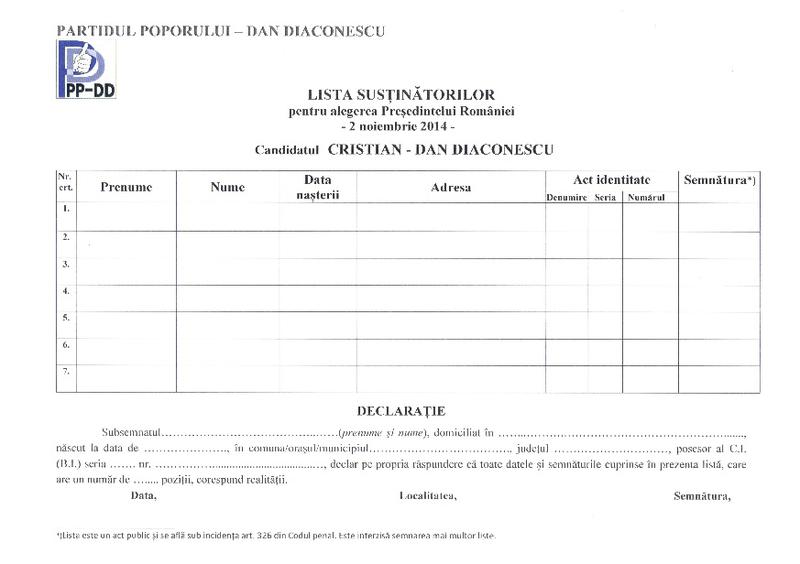 Modelul listei de semnaturi pentru Dan Diaconescu, Foto: Ppddonline.ro