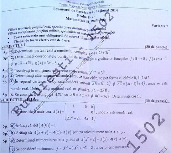 Subiecte Matematica - Mate-info BAC 2014, Foto: Hotnews