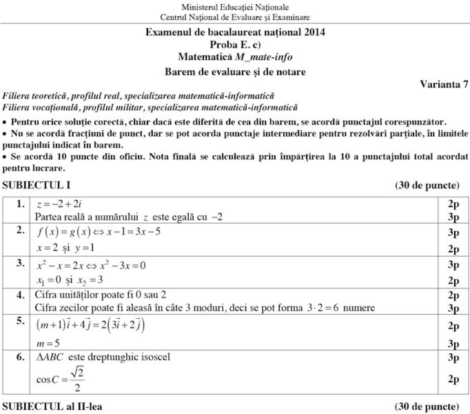 Barem Matematica - BAC 2014 sesiunea de toamna, Foto: edu.ro