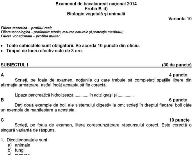 Subiectele de la examenul de Biologie - BAC 2014, Foto: edu.ro