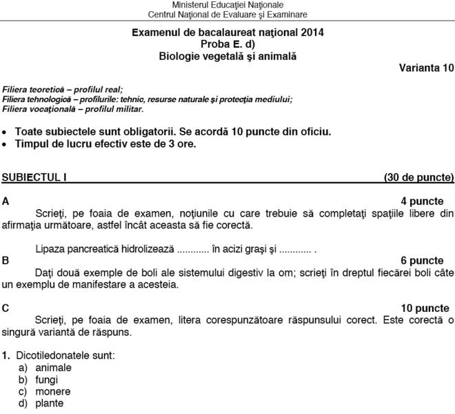 Subiectele de la examenul de Biologie - BAC 2014, Foto: edu.ro