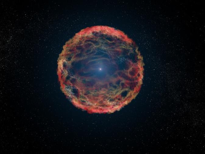 Redare artistica: Steaua companion, stralucind in centrul nebuloasei de resturi reprezentand supernova 1993J, Foto: NASA, ESA, G. Bacon (STScI)