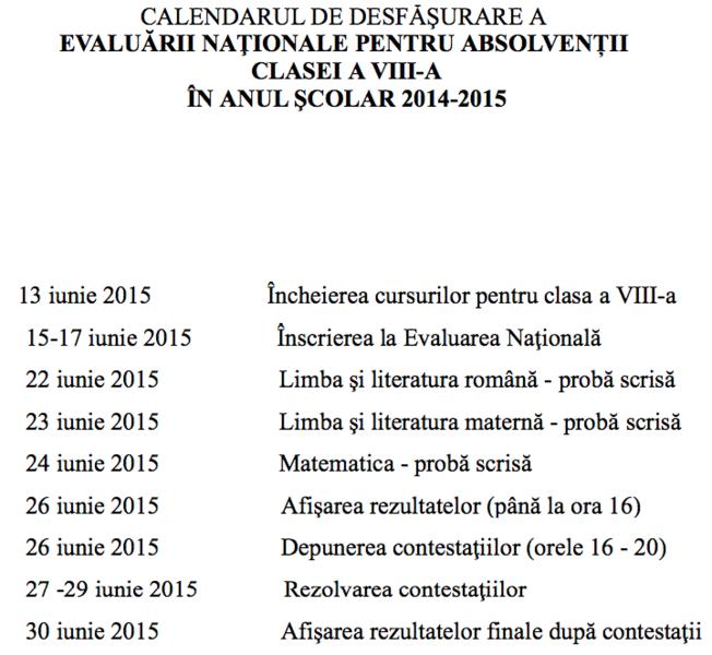 Calendar Evaluarea Nationala 2015, Foto: edu.ro