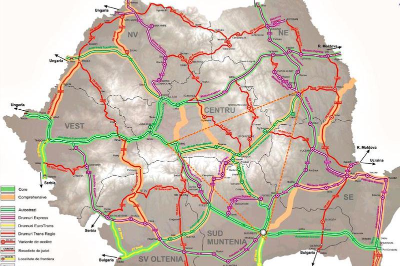 proiectele rutiere propuse in MPGT si suprapunerea lor cu reteaua TEN-T Core (culoar verde) si Comprehensive (culoar galben), Foto: Hotnews