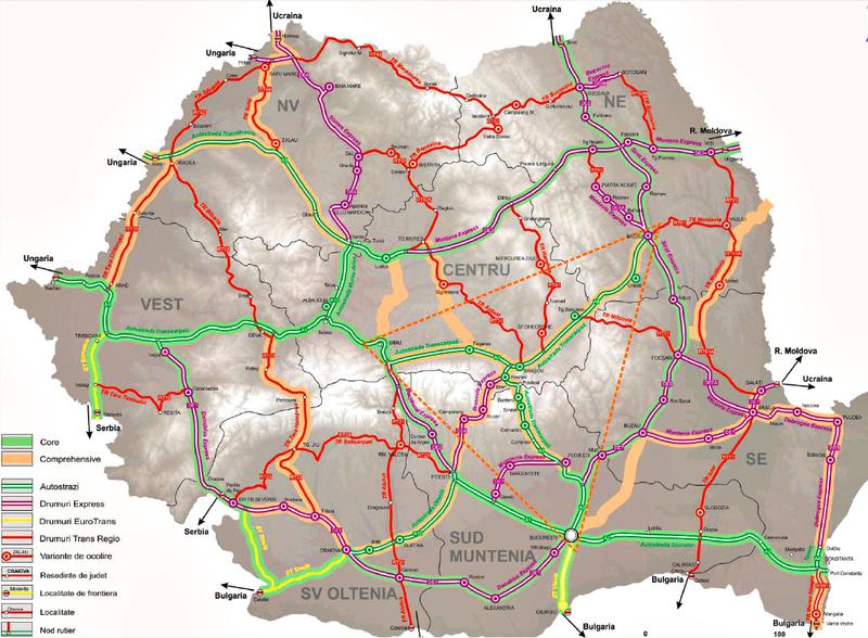 proiectele rutiere propuse in MPGT si suprapunerea lor cu reteaua TEN-T Core (culoar verde) si Comprehensive (culoar galben), Foto: Hotnews